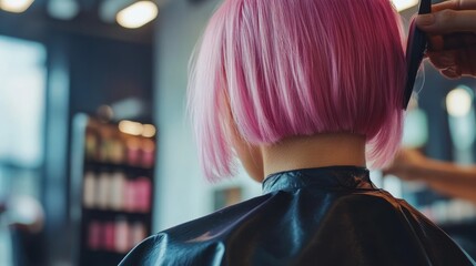 Hairdresser cuts short pink hair.