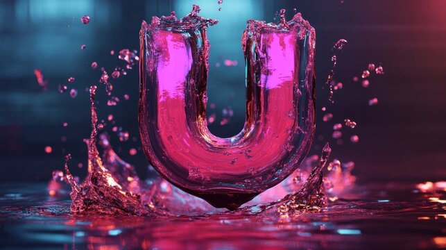 Water splash surrounds vibrant letter U, artistic presentation in a dark setting, symbol of something