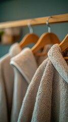 Soft, light gray robes hanging on a wooden rod