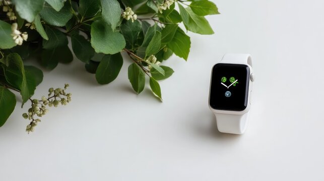 Smart watch display on white surface with plant creative still life mockup
