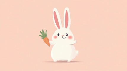 Fototapeta premium Adorable Cartoon Rabbit Holding a Carrot on Soft Pink Background Perfect for Easter Children