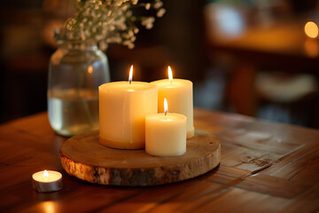Three Lit Ivory Candles on Wooden Platter with Tealight and Glass Jar of Flowers
