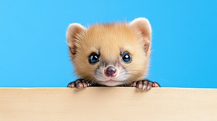 Cute baby weasel peeking over a board