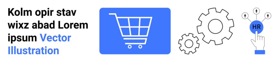 Blue shopping cart, gear symbols, and HR button suggest e-commerce, teamwork, automation, and business workflows. Ideal for tech, management, HR solutions online stores automation innovation