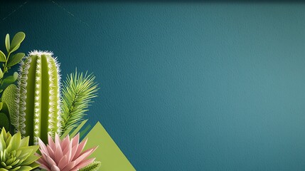 Vibrant arrangement of various succulents and cacti against a textured blue background