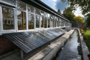Fototapeta premium Long Building Row with Solar Panels and Reflective Windows by Narrow Waterway for Sustainable Green Energy