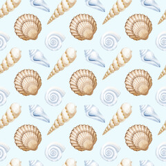 Watercolor seamless pattern with seashells on a blue background. Marine illustration. The pattern with marine life is hand-drawn. For packaging and textiles.