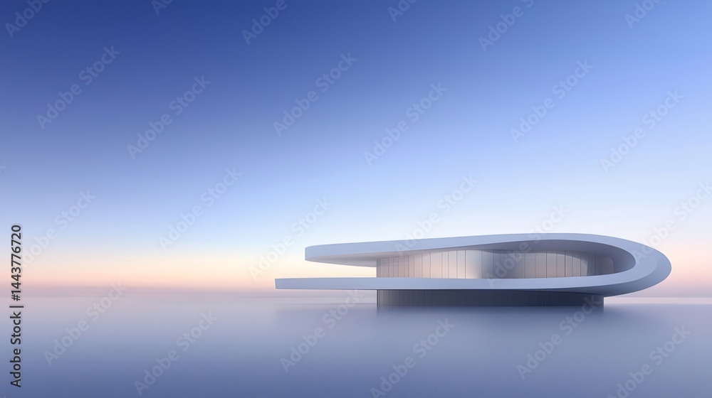 Poster 白いモダン建築物と青い空の風景 穏やかな光の中で 未来的なデザイン要素を備えた 抽象的な3dレンダリング