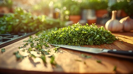 Freshly chopped herbs sit on a wooden cutting board