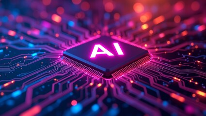 Futuristic ai microchip with vibrant light trails
