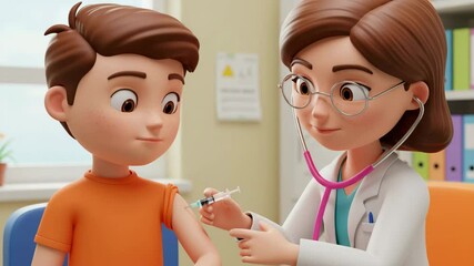 3D cartoon boy receiving vaccine shot from smiling doctor in clinic setting