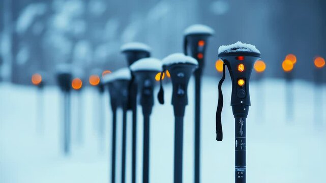A row of parking meters covered with fresh snow