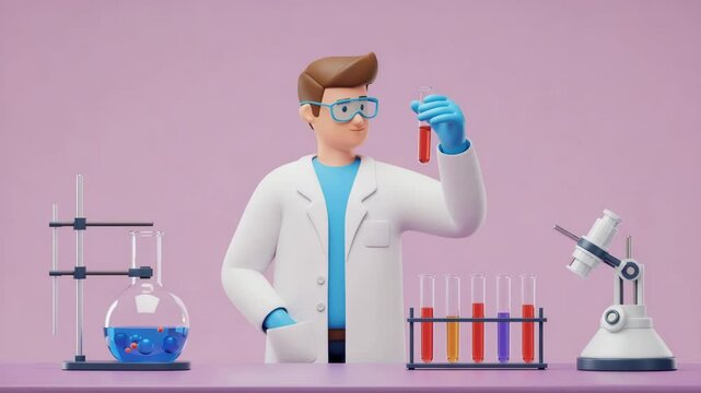 3D cartoon lab technician holding test tube against a pink background