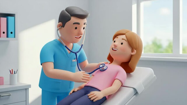 3D cartoon doctor examining female patient with stethoscope in bright medical office