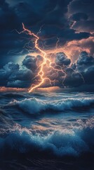 Fototapeta premium A stormy ocean with a lightning bolt in the sky