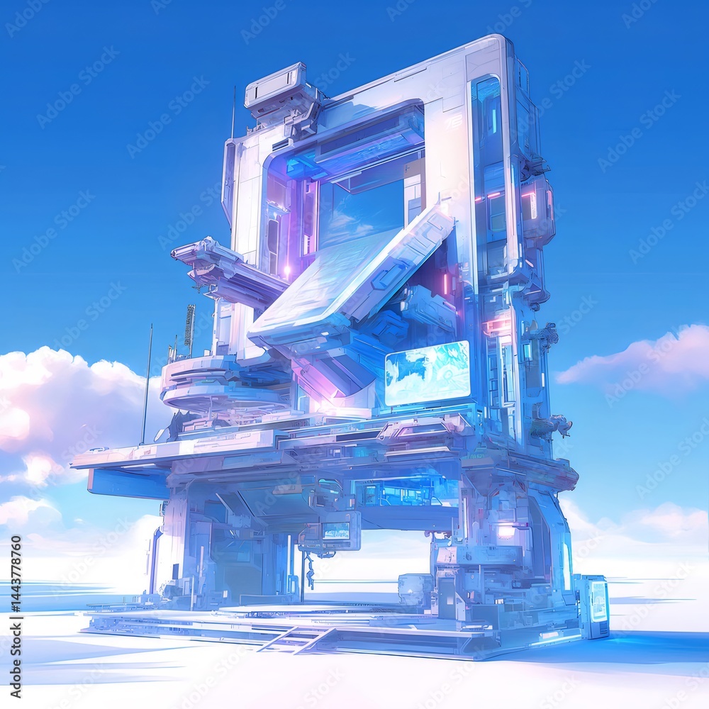 Aufkleber 未来的な白い建造物が青い空と雲を背景にそびえ立つデジタルアートデザイン