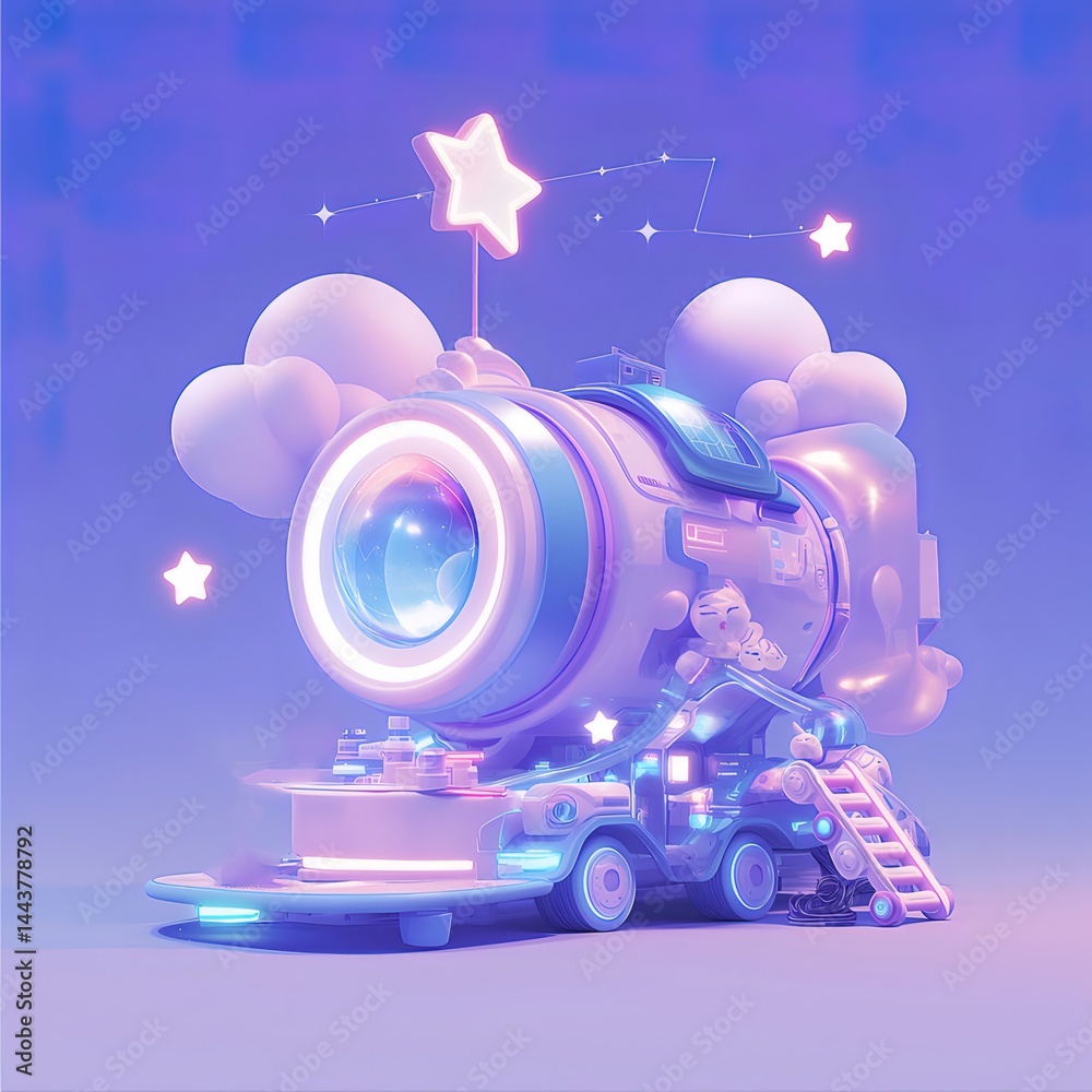 Poster パステルカラーのカメラと星と雲のファンタジーイラスト 輝く光と幻想的なデジタルアート 青とピンクの背景にロマンチックなデザイン