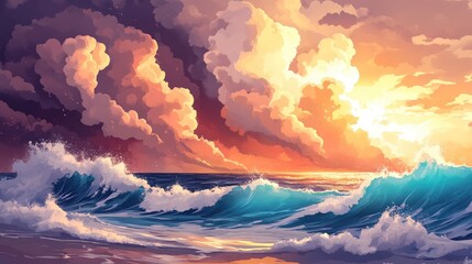 A painting of a stormy ocean with a bright sun in the background