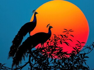 Obraz premium Two peacocks silhouette on a tree branch with orange sunset in background, nature art