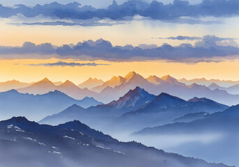 Fototapeta premium Serene Mountain Range Landscape Painting Sunset Clouds, Misty Peaks, Watercolor Art, Nature's Beauty.