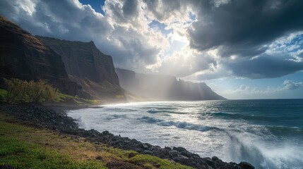 A rocky beach with a cloudy sky