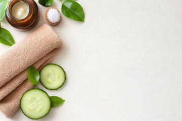 Spa still life with towels cucumber slices and green leaves overhead