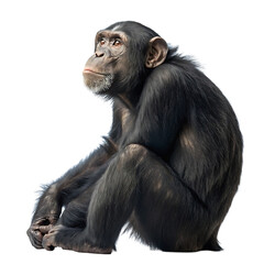 Fototapeta premium A contemplative chimpanzee sitting on the ground, gazing to the side with an intelligent expression, captured in a studio like Transparent Background
