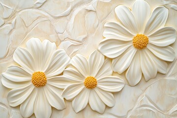 Fototapeta premium Three ornate white flowers on a light beige textured background.