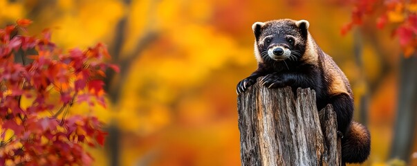 Wolverine perched on a tree stump in vibrant autumn foliage