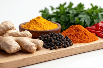 Fototapeta premium Spice assortment on wooden board raw ginger turmeric black pepper paprika parsley chili