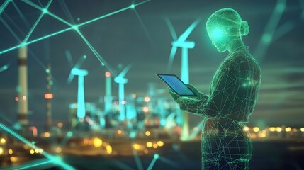 デジタルネットワークと未来の都市を背景にタブレットを操作する女性シルエット