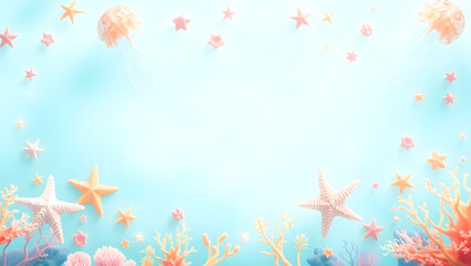 Pastel Summer Underwater Background Ocean Starfish and Coral Frame