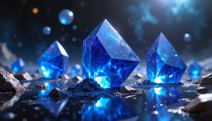 Obraz premium Sparkling Blue Crystals on a Reflective Surface in a Mystical Setting 