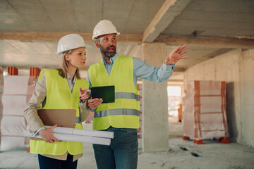 Architects discussing building progress using tablet and blueprints on construction site