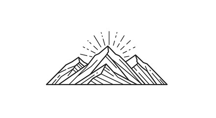 Mountain Peaks Illustration with Sun Rays in Black and White Simple Design