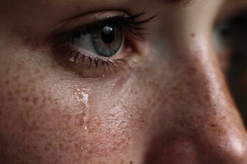 Close-up of a woman's eye with a tear on her cheek, highlighting natural freckles and a vulnerable expression