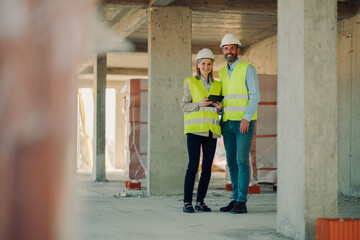 Construction workers using digital tablet on construction site