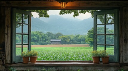 Fototapeta premium Serene Countryside View from Rustic Window