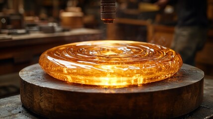 Glowing, swirling molten material on metal in dim workshop