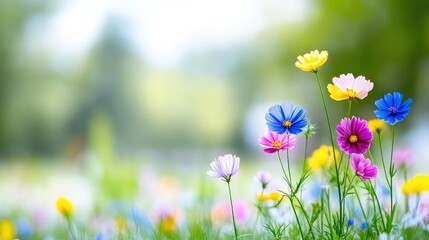 Fototapeta premium Colorful cosmos flowers bloom in a sunny green meadow during spring.