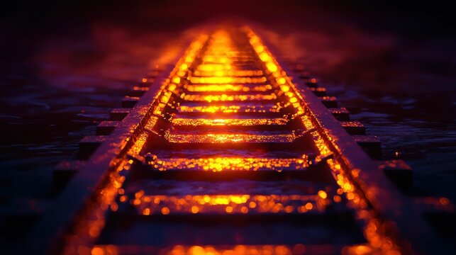 Glowing train tracks stretch into an orange, foggy horizon