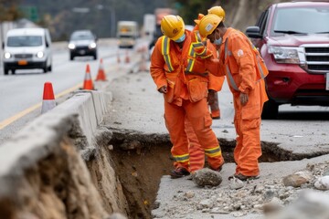 Road collapse inspection team assesses roadside damage, working to find traps and repair damage, with transport in the background.