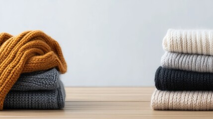 Stacks of folded knitted clothes apparel textiles with varied colors and textures