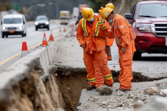Road collapse inspection team assesses roadside damage, working to find traps and repair damage, with transport in the background.