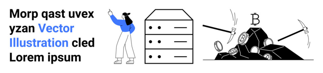 Woman pointing at technology stack alongside mining tools breaking into digital resources. Ideal for technology, cryptocurrency, blockchain, data mining, fintech, server security, and simple landing