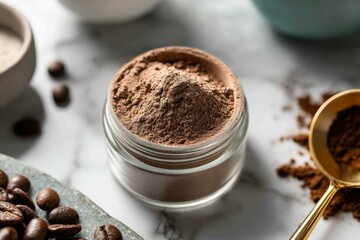 Fototapeta premium Jar of cocoa powder on marble with coffee beans and gold spoon, highlighting its texture and potential for culinary use.