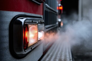 Glowing Headlight of Heavy-Duty Truck Emerging Through Dense Smoke