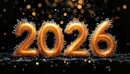 Golden 2026 Numbers with Bubbles and Sparkling Background  