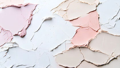 Naklejka premium Top view of smeared and crushed makeup powders in beige, rose, and mauve tones, cosmetic texture swatches on white background