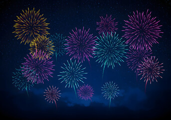 Fototapeta premium Colorful Fireworks Display Against a Starry Night Sky, Celebration, Festive Background.